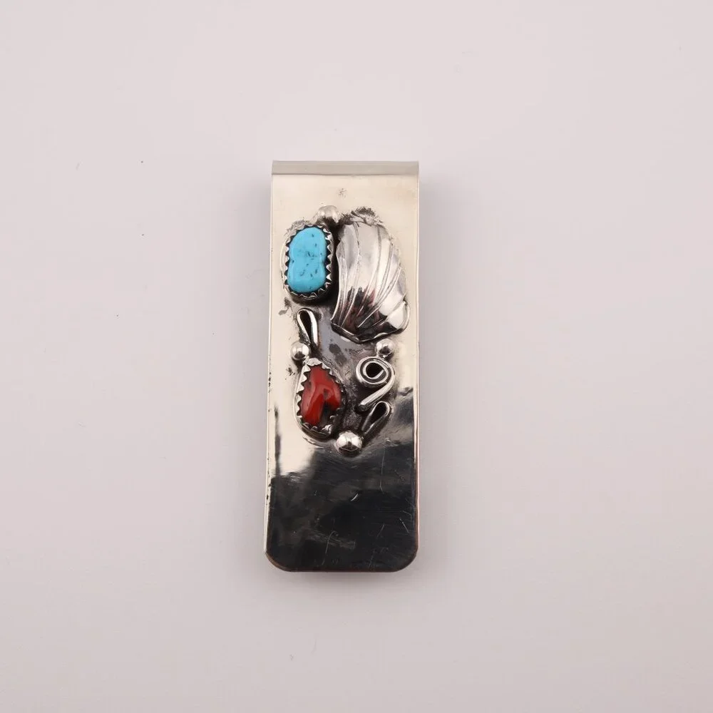 Native American Money Clip Sterling Silver Turquoise and Coral Stones Handmade**